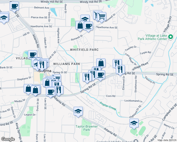 map of restaurants, bars, coffee shops, grocery stores, and more near 1622 Ivy Spring Drive Southeast in Smyrna