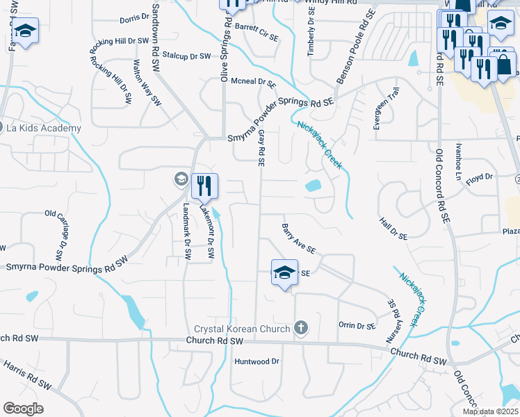map of restaurants, bars, coffee shops, grocery stores, and more near 2868 Gray Road in Smyrna