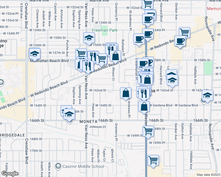 map of restaurants, bars, coffee shops, grocery stores, and more near 2029 West 162nd Street in Torrance