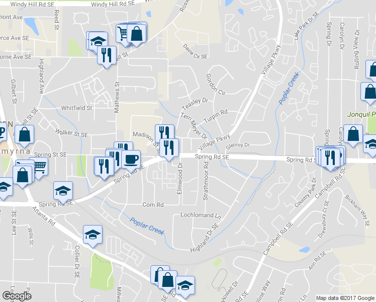 map of restaurants, bars, coffee shops, grocery stores, and more near 1804 Cumberland Valley Place Southeast in Smyrna