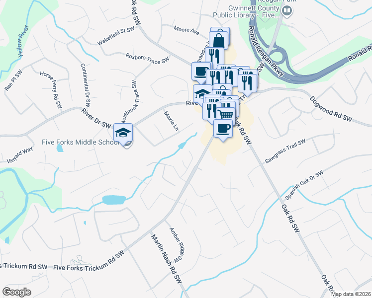 map of restaurants, bars, coffee shops, grocery stores, and more near 3007 Misty View Tr Southwest in Lilburn