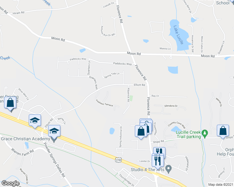 map of restaurants, bars, coffee shops, grocery stores, and more near 5247 Elliott Road in Powder Springs