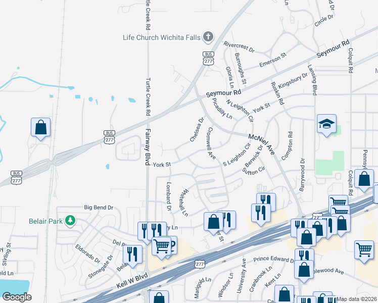 map of restaurants, bars, coffee shops, grocery stores, and more near 4501 York Street in Wichita Falls