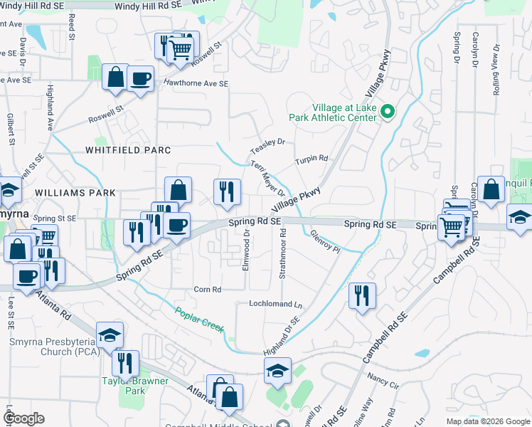 map of restaurants, bars, coffee shops, grocery stores, and more near 1801 Cumberland Valley Place Southeast in Smyrna