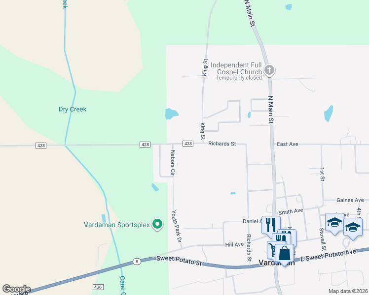 map of restaurants, bars, coffee shops, grocery stores, and more near 101-137 Nabors Circle in Vardaman