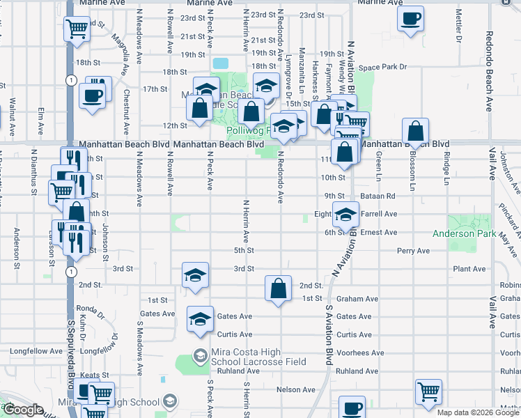 map of restaurants, bars, coffee shops, grocery stores, and more near 1618 Eighth Street in Manhattan Beach