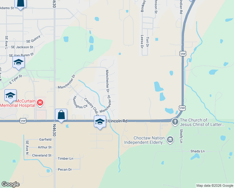 map of restaurants, bars, coffee shops, grocery stores, and more near 107 Waterford Court in Idabel