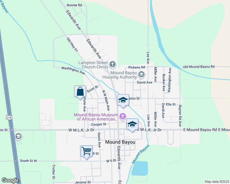 map of restaurants, bars, coffee shops, grocery stores, and more near 204 Edwards Avenue in Mound Bayou