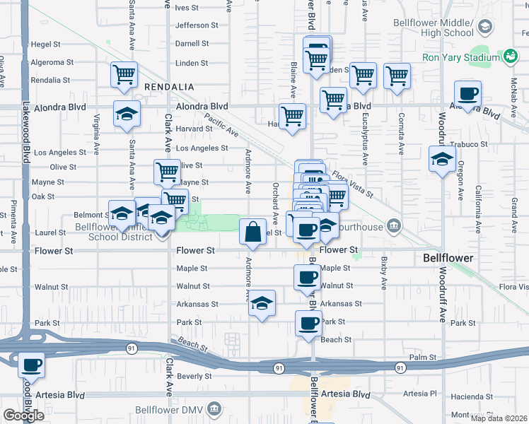 map of restaurants, bars, coffee shops, grocery stores, and more near 9629 Belmont Street in Bellflower