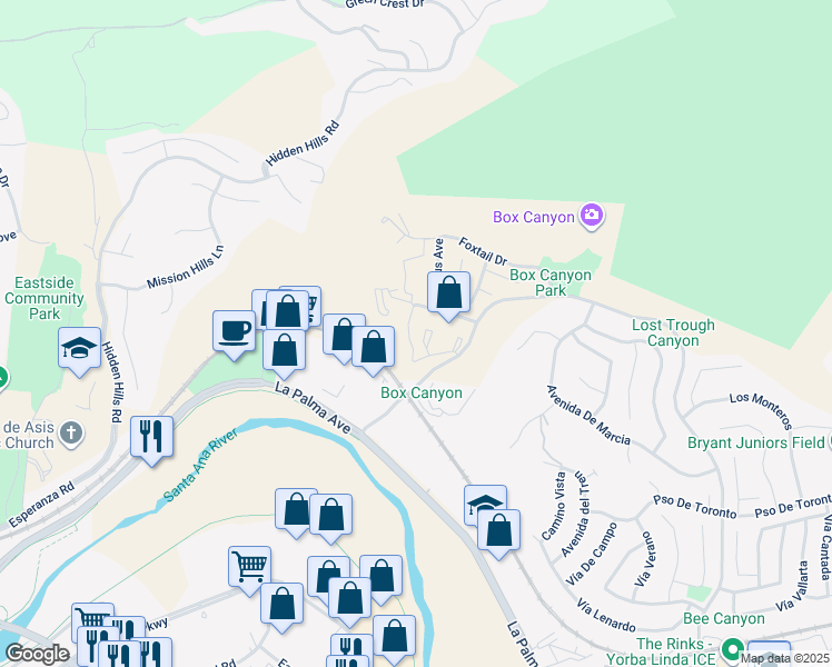 map of restaurants, bars, coffee shops, grocery stores, and more near 5320 Silver Canyon Road in Yorba Linda