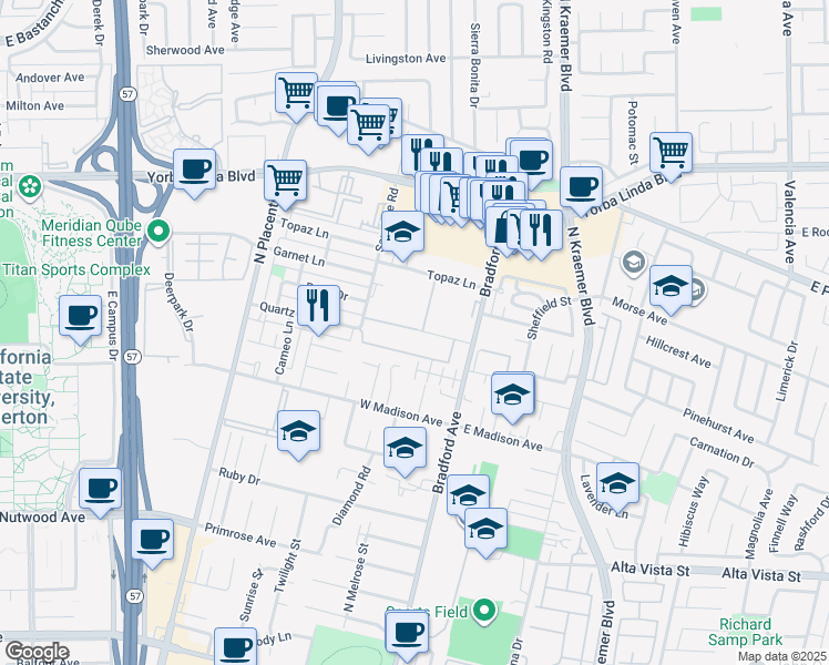 map of restaurants, bars, coffee shops, grocery stores, and more near 1047 Lawanda Place in Placentia