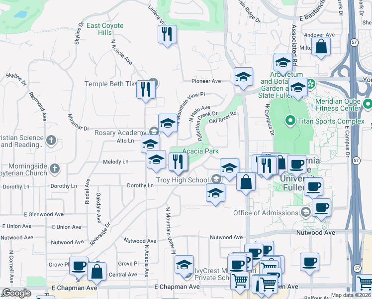 map of restaurants, bars, coffee shops, grocery stores, and more near 124 West Commonwealth Avenue in Fullerton