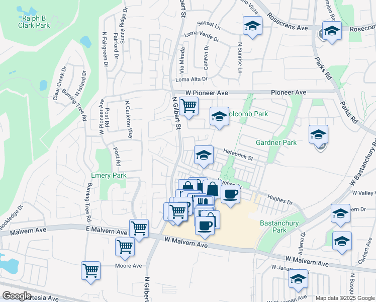 map of restaurants, bars, coffee shops, grocery stores, and more near 1249 Olson Drive in Fullerton