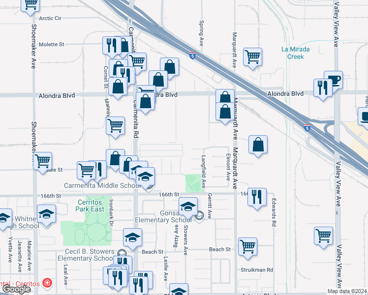 map of restaurants, bars, coffee shops, grocery stores, and more near 13548 Village Drive in Cerritos