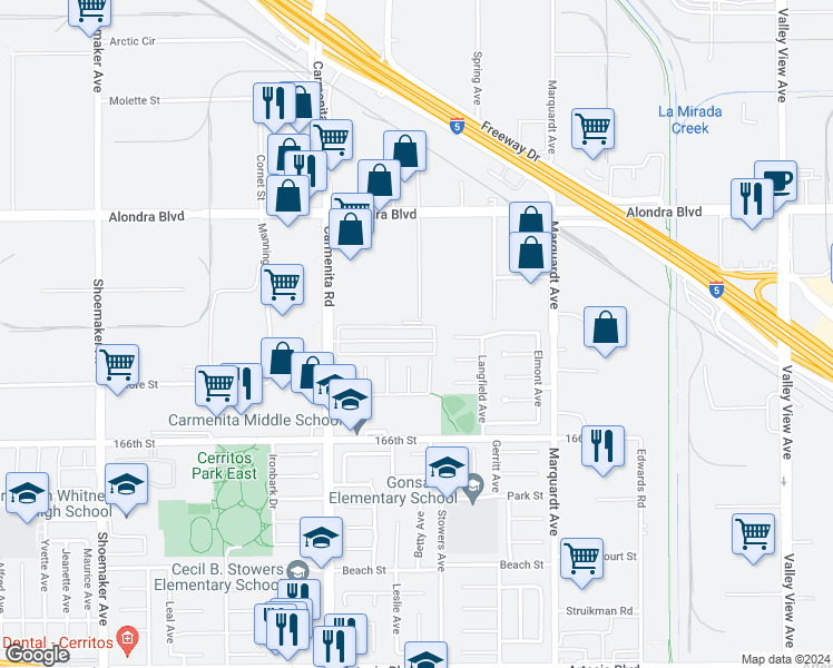 map of restaurants, bars, coffee shops, grocery stores, and more near 13548 Village Drive in Cerritos