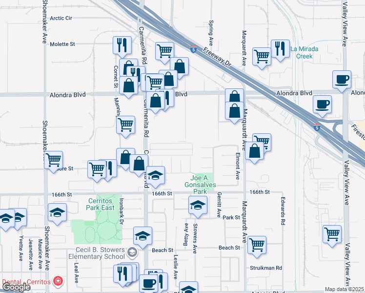 map of restaurants, bars, coffee shops, grocery stores, and more near 13502 1/2 Village Drive in Cerritos