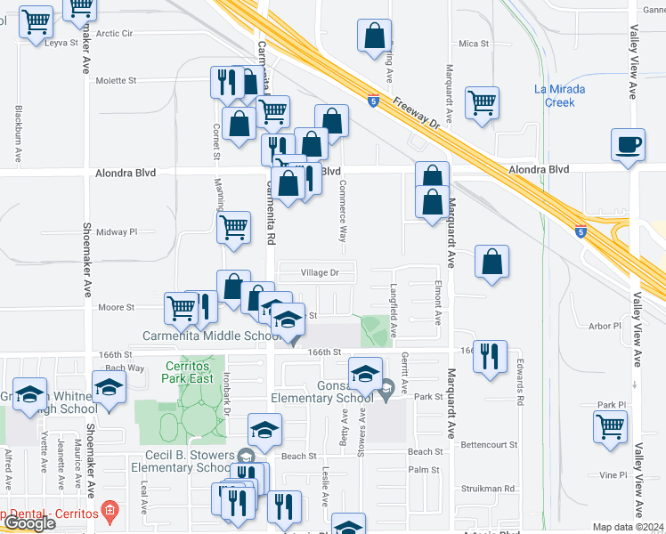 map of restaurants, bars, coffee shops, grocery stores, and more near 13502 1/2 Village Drive in Cerritos
