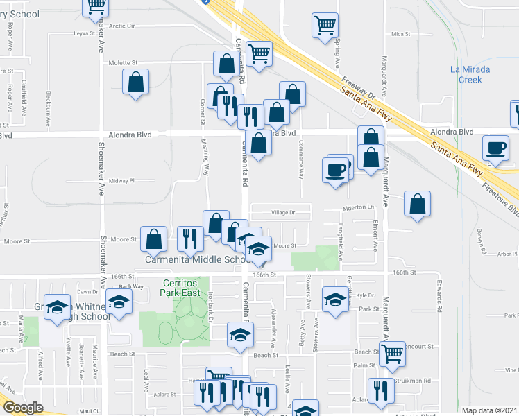 map of restaurants, bars, coffee shops, grocery stores, and more near 13428 3/4 Village Drive in Cerritos