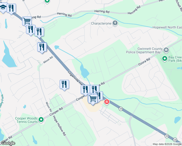 map of restaurants, bars, coffee shops, grocery stores, and more near 49 Bay Crest Court Southeast in Loganville