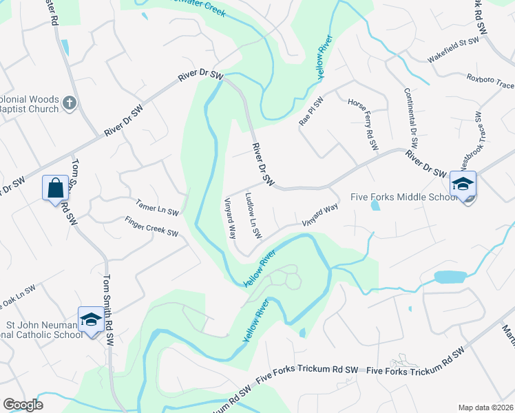 map of restaurants, bars, coffee shops, grocery stores, and more near 735 Ludlow Lane Southwest in Lawrenceville