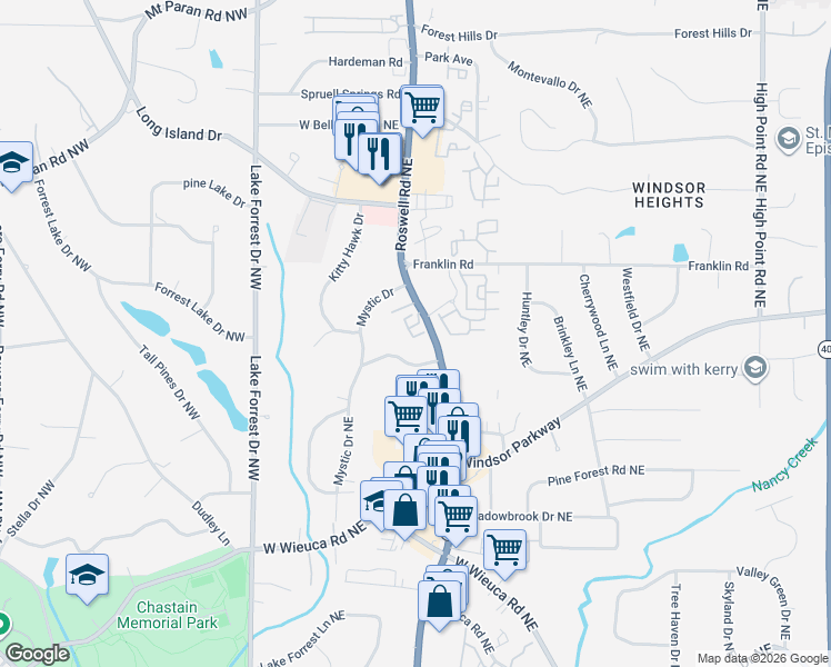 map of restaurants, bars, coffee shops, grocery stores, and more near 4716 Roswell Road Northeast in Atlanta