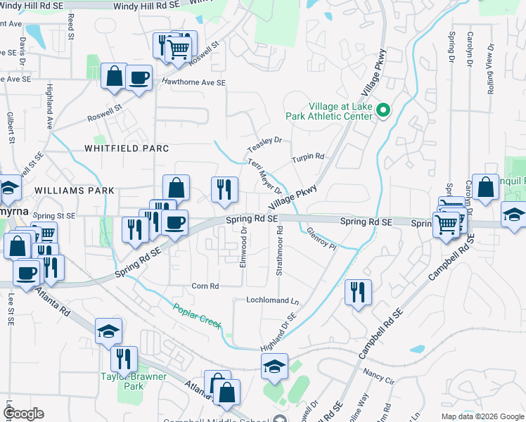 map of restaurants, bars, coffee shops, grocery stores, and more near 1801 Cumberland Valley Place Southeast in Smyrna