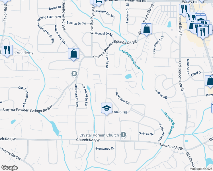 map of restaurants, bars, coffee shops, grocery stores, and more near 2868 Gray Road in Smyrna