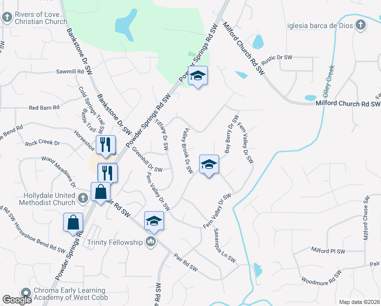 map of restaurants, bars, coffee shops, grocery stores, and more near 1900 Foxcroft Court South West in Marietta