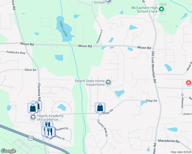 map of restaurants, bars, coffee shops, grocery stores, and more near 3110 Nectar Drive in Powder Springs