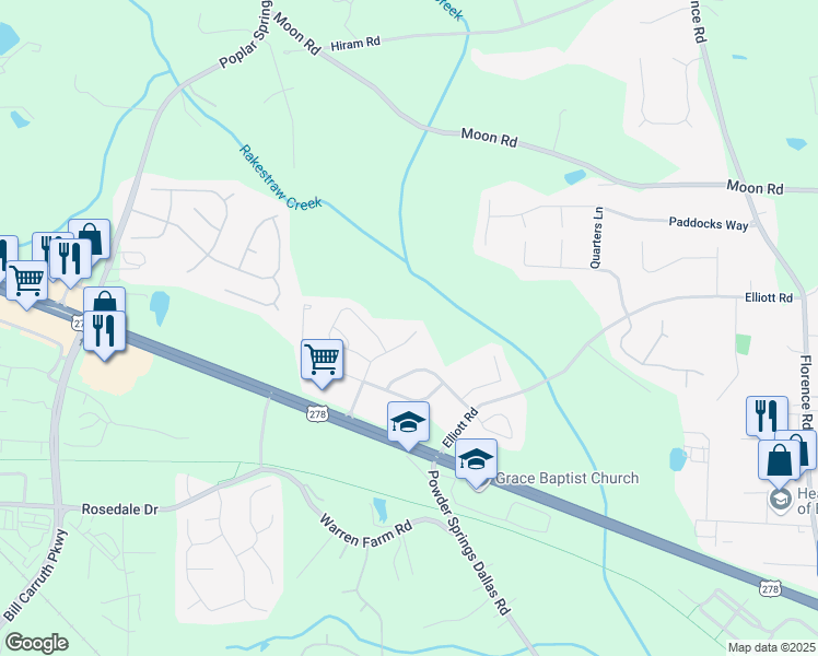 map of restaurants, bars, coffee shops, grocery stores, and more near 1417 Sterlingbrooke Drive in Powder Springs