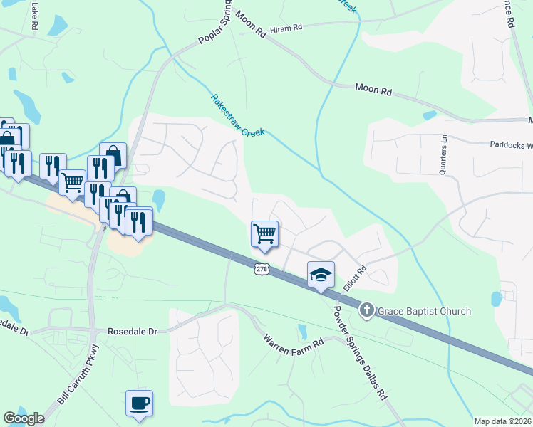 map of restaurants, bars, coffee shops, grocery stores, and more near 1518 Silver Mist Circle in Powder Springs