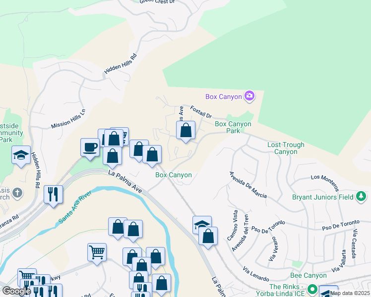 map of restaurants, bars, coffee shops, grocery stores, and more near 5380 Silver Canyon Road in Yorba Linda
