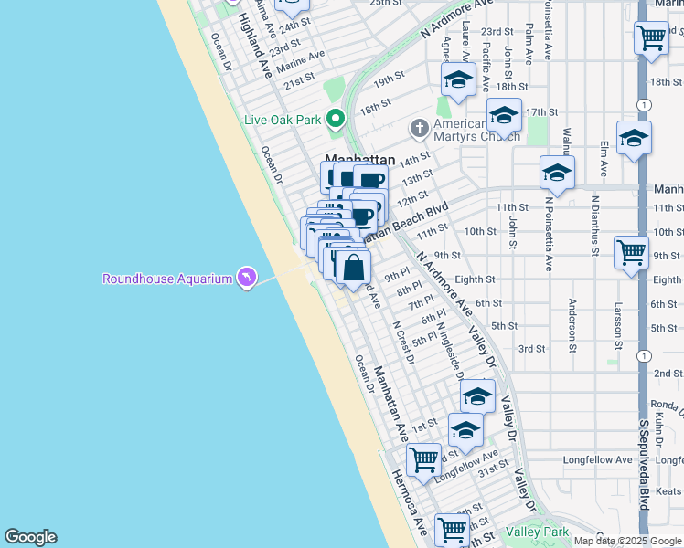 map of restaurants, bars, coffee shops, grocery stores, and more near 912-A Manhattan Avenue in Manhattan Beach