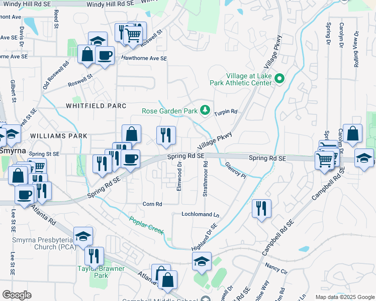 map of restaurants, bars, coffee shops, grocery stores, and more near 1802 Cumberland Valley Place Southeast in Smyrna