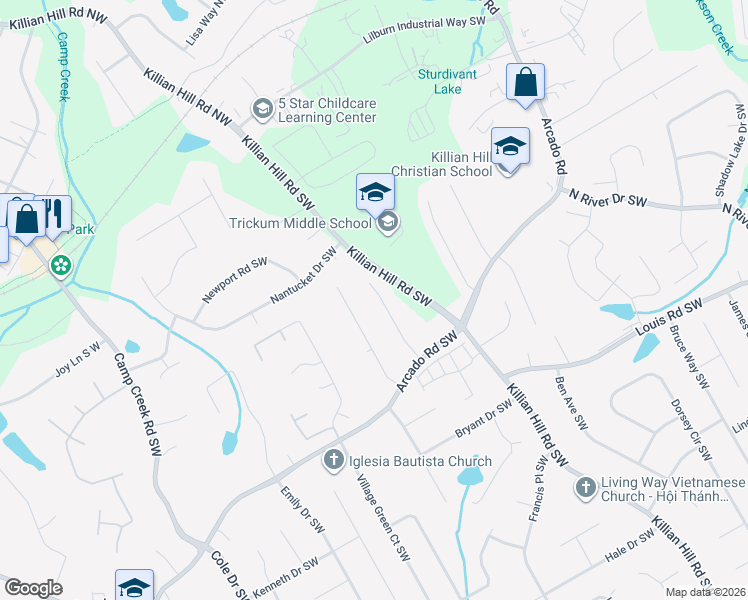 map of restaurants, bars, coffee shops, grocery stores, and more near 193 Windsong Lane Southwest in Lilburn