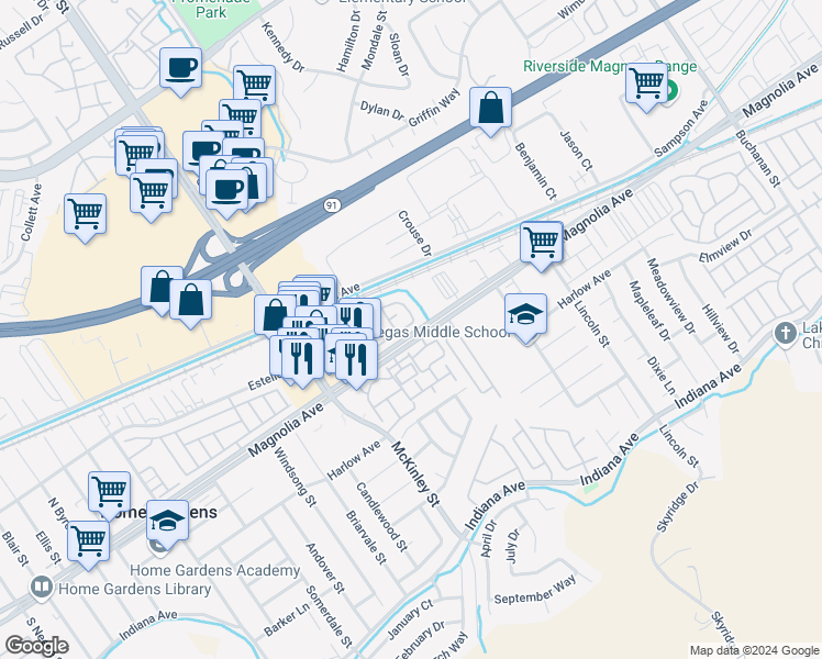 map of restaurants, bars, coffee shops, grocery stores, and more near 2370 Fan Palm Drive in Corona