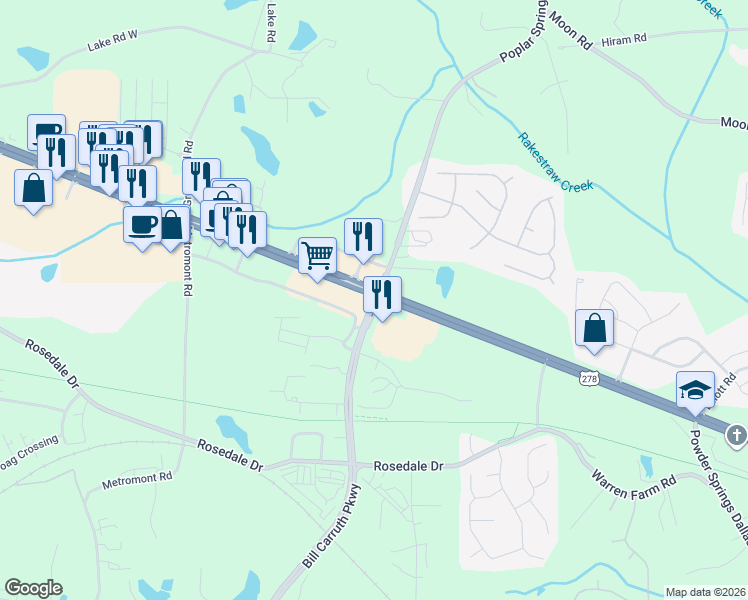 map of restaurants, bars, coffee shops, grocery stores, and more near Bill Carruth Parkway in Hiram