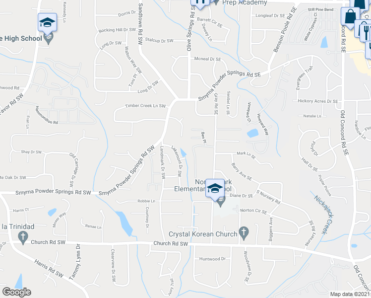 map of restaurants, bars, coffee shops, grocery stores, and more near 2 Christie Court Southwest in Marietta