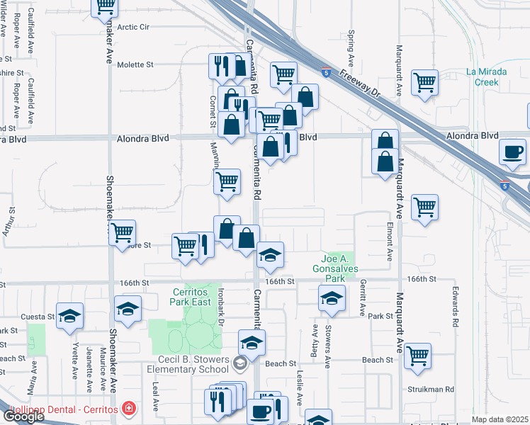map of restaurants, bars, coffee shops, grocery stores, and more near Village Drive in Cerritos