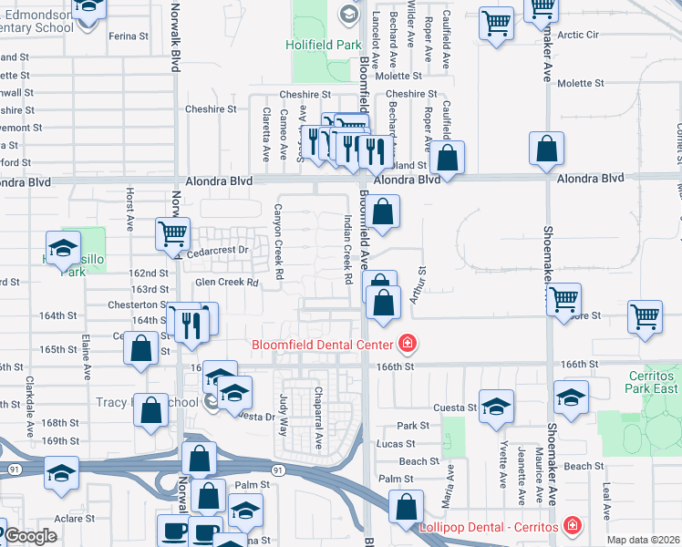 map of restaurants, bars, coffee shops, grocery stores, and more near 16225 Indian Creek Road in Cerritos