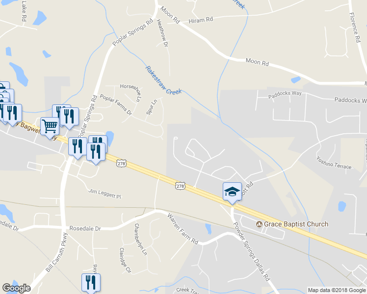 map of restaurants, bars, coffee shops, grocery stores, and more near 1518 Silver Mist Circle in Powder Springs