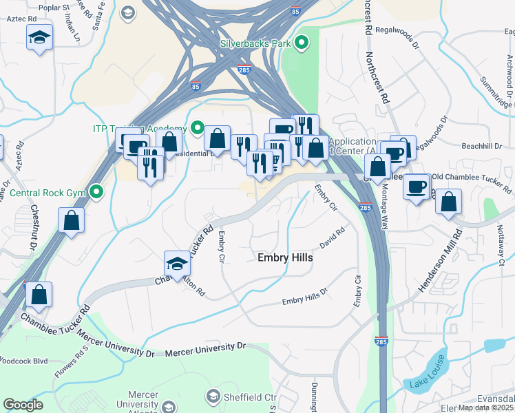 map of restaurants, bars, coffee shops, grocery stores, and more near 3200 Oakwood Village Lane in Chamblee