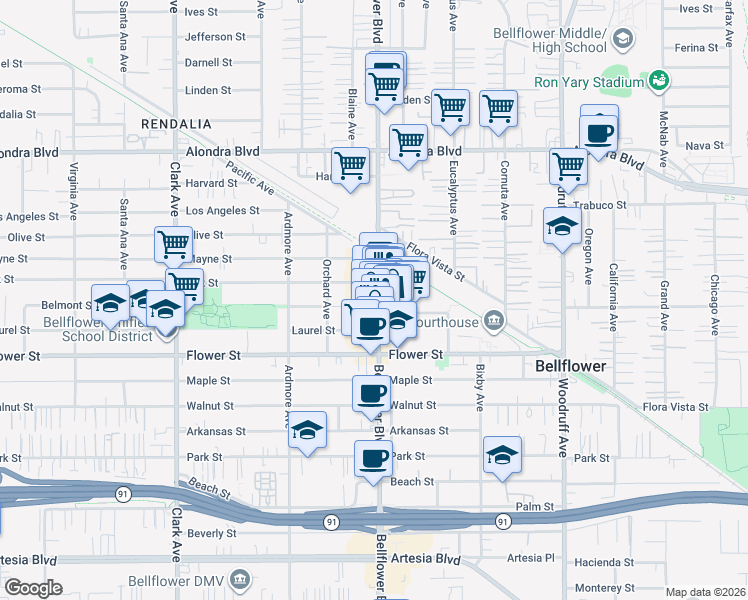 map of restaurants, bars, coffee shops, grocery stores, and more near 16535 Bellflower Boulevard in Bellflower