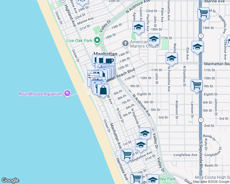 map of restaurants, bars, coffee shops, grocery stores, and more near 313 9th Street in Manhattan Beach