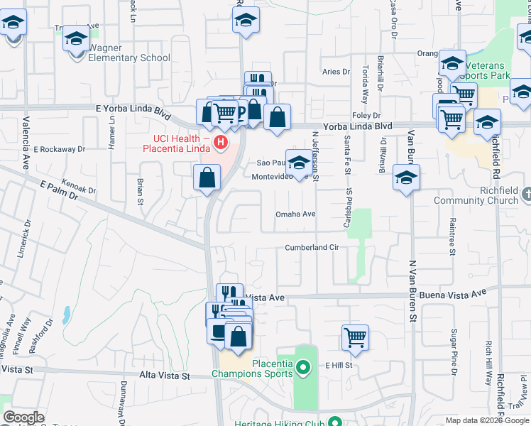 map of restaurants, bars, coffee shops, grocery stores, and more near 1230 Puerto Natales Drive in Placentia