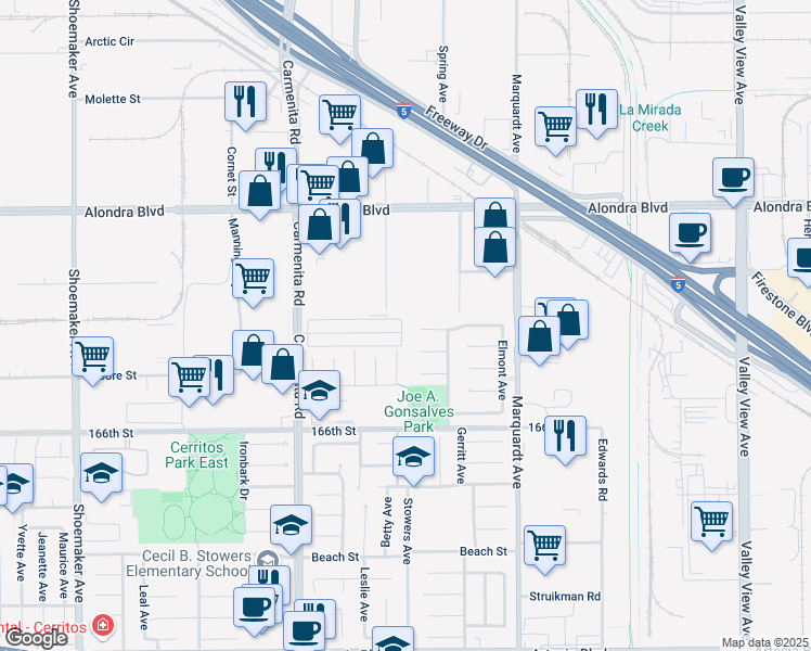 map of restaurants, bars, coffee shops, grocery stores, and more near 13548 Village Drive in Cerritos