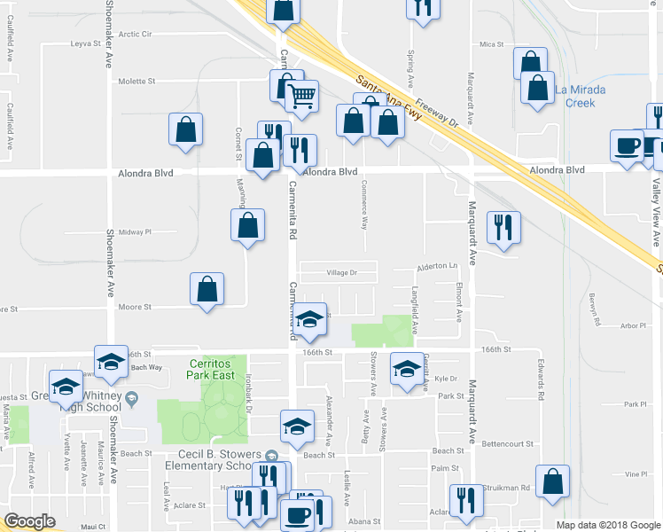 map of restaurants, bars, coffee shops, grocery stores, and more near in Cerritos