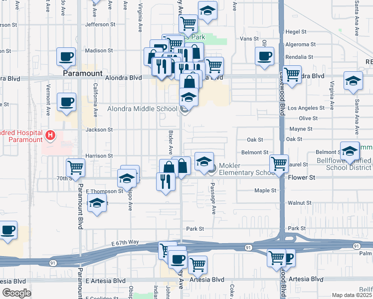 map of restaurants, bars, coffee shops, grocery stores, and more near 16600 Downey Avenue in Paramount