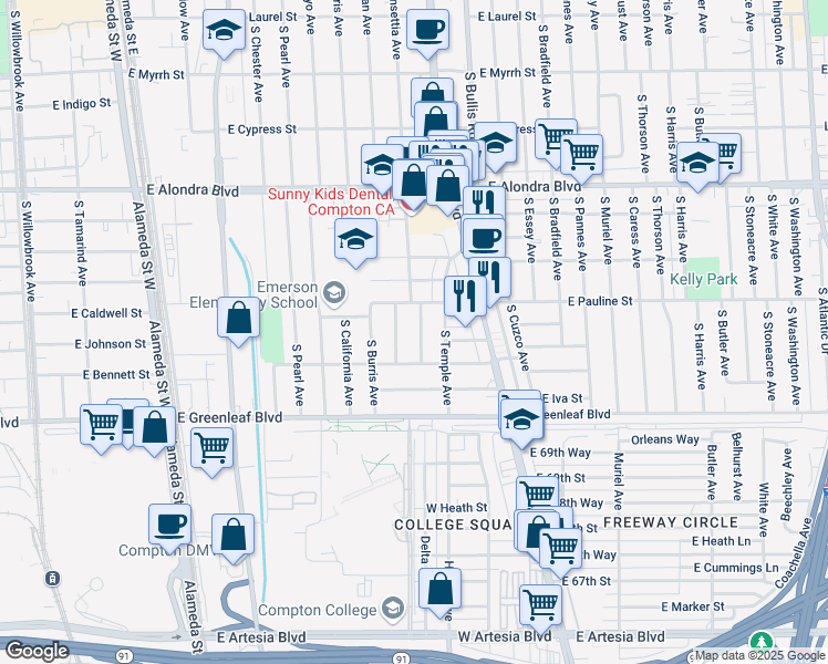 map of restaurants, bars, coffee shops, grocery stores, and more near 1408 South Sloan Avenue in Compton