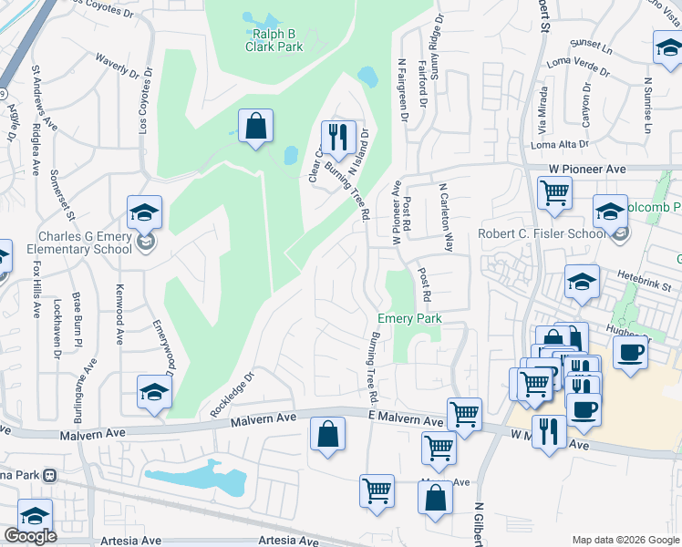 map of restaurants, bars, coffee shops, grocery stores, and more near 2756 Aubrey Place in Fullerton